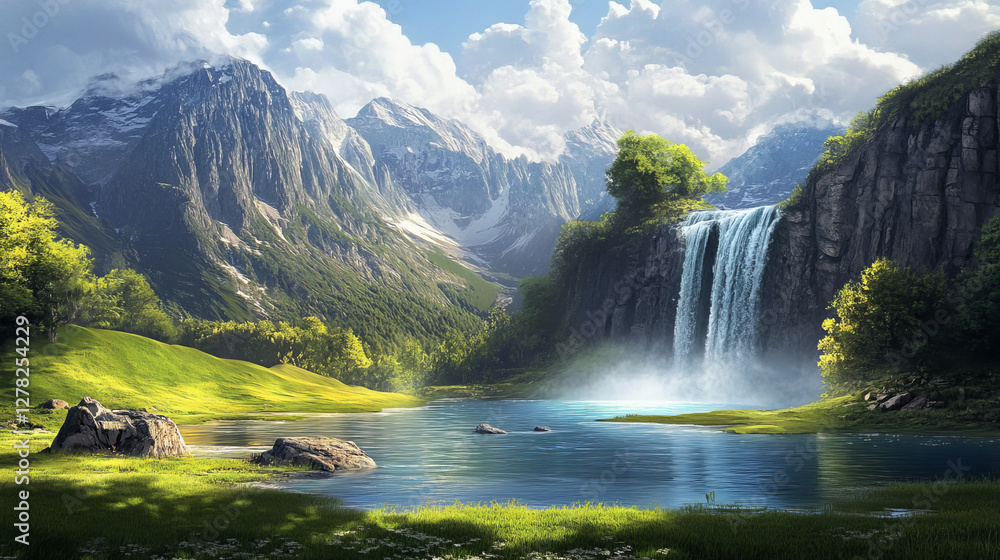 Fototapeta premium Waterfall landscape with river or lake vector illustration. Water cascade in rock paradise scene. Grass valley fantasy summer picture. Beautiful game park with riverside to travel. Cloud in sky