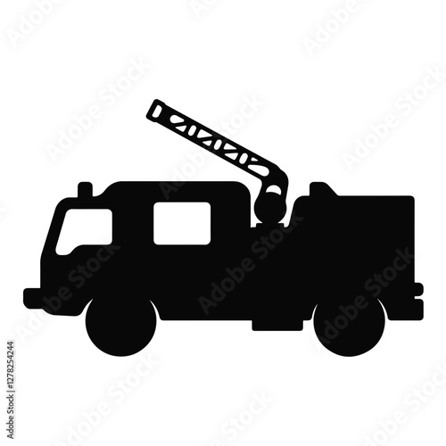 Silhouette of firetruck with extended ladder against white background, transportation