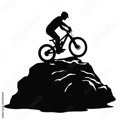 Mountain biker conquering rocky terrain in bold silhouette, adventure