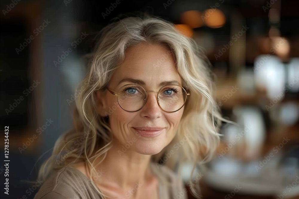 Portrait of a Middle-Aged Woman with a Genuine Smile and Glasses Portrait of a Middle-Aged Woman with a Genuine Smile and Glasses