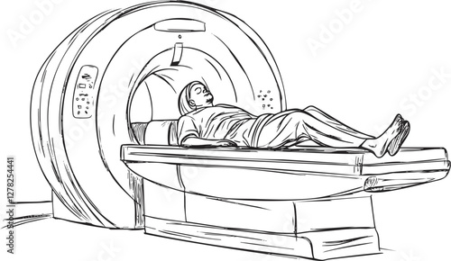 Illustration of a patient undergoing an MRI scan in a medical setting.