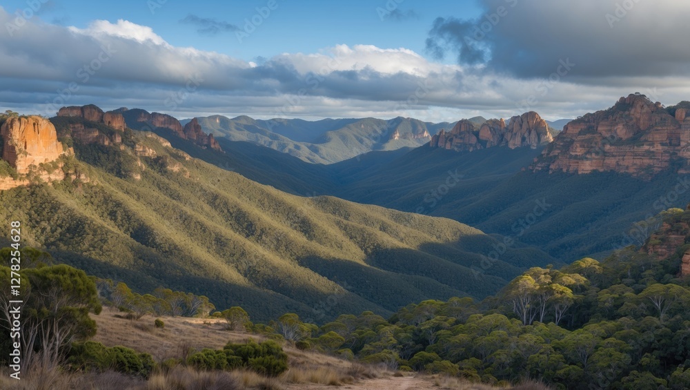 Bunya Mountains National Park Scenic Landscape with Lush Green Valleys and Dramatic Cloudy Sky Ideal for Text Overlay Bunya Mountains National Park Scenic Landscape with Lush Green Valleys and Dramatic Cloudy Sky Ideal for Text Overlay