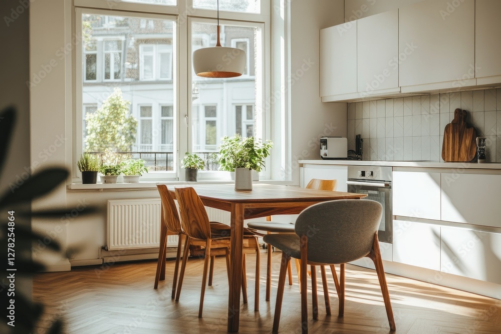 Sunlit Modern Kitchen Dining Area With Wooden Table and Chairs Sunlit Modern Kitchen Dining Area With Wooden Table and Chairs