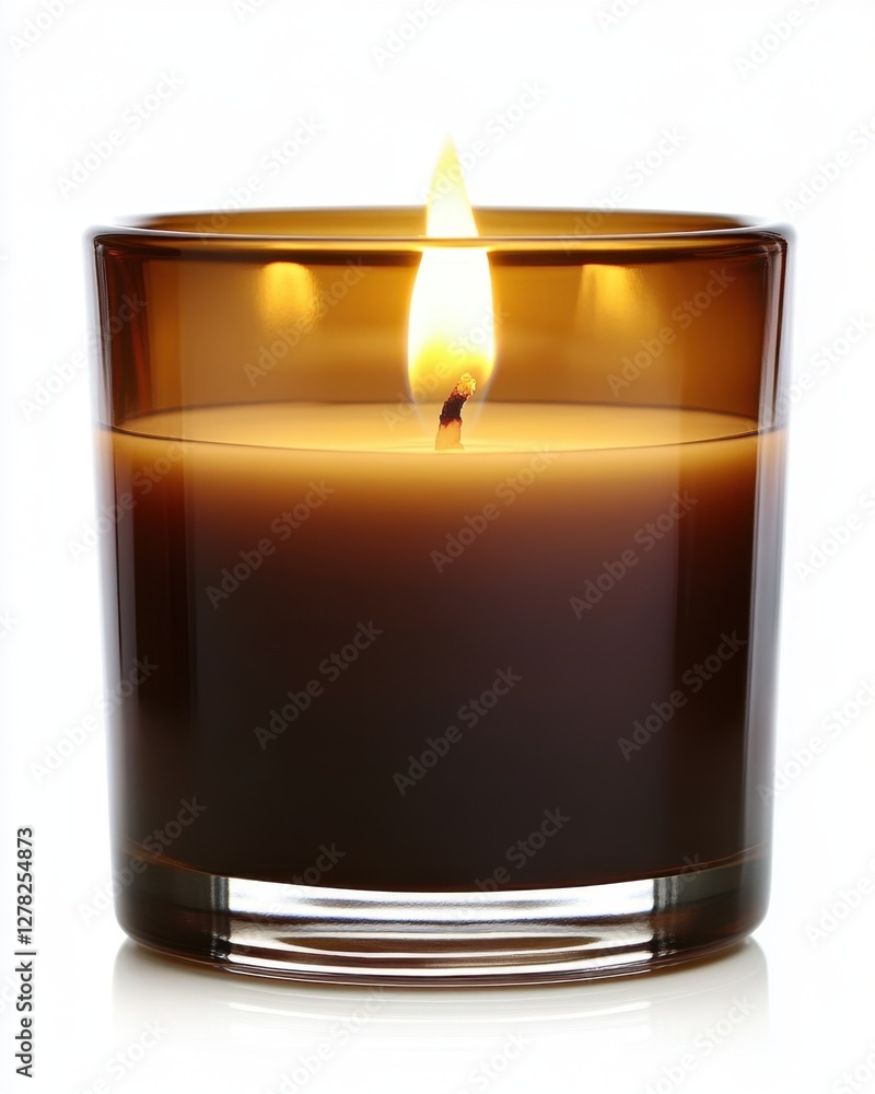 Warm amber candle glows in glass jar casting soft light against a white background perfect for relaxation Warm amber candle glows in glass jar casting soft light against a white background perfect for relaxation