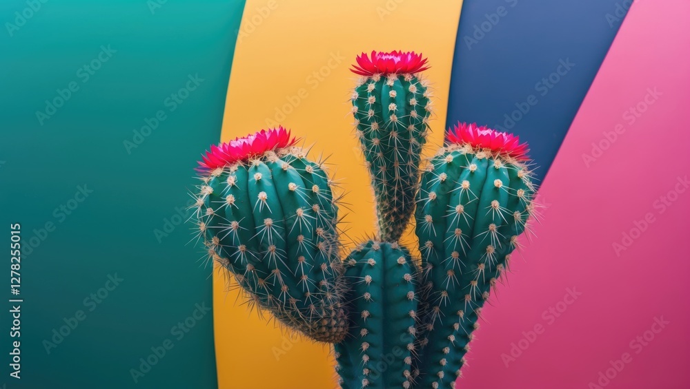 Vibrant Cactus with Pink Blooms Against a Colorful Background in a Modern Artistic Setting Vibrant Cactus with Pink Blooms Against a Colorful Background in a Modern Artistic Setting