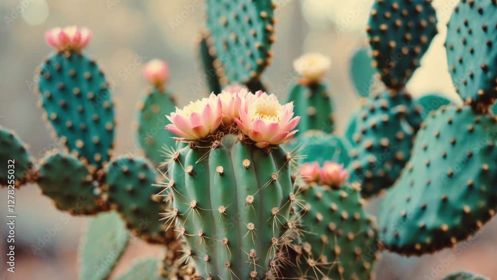 Vibrant Cactus Blooms with Pink Flowers against a Soft Background in Nature's Desert Landscape Vibrant Cactus Blooms with Pink Flowers against a Soft Background in Nature's Desert Landscape
