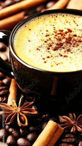 Aromatic Coffee Cup with Cinnamon and Spices: A Warm and Inviting Visual Feast