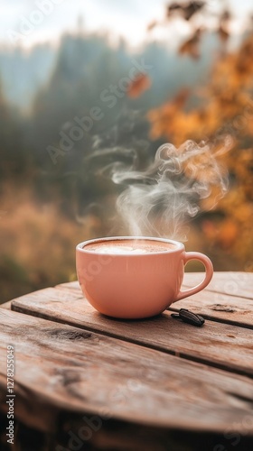 Aromatic Autumn Coffee in a Pink Cup, Perfect for a Peaceful Morning