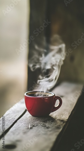Aromatic Morning Coffee in a Red Cup on Wooden Surface