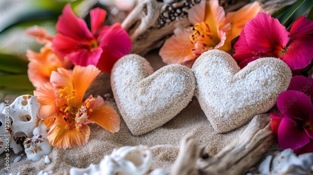 Two Textured Hearts Adorned with Tropical Flowers on Sandy Beach