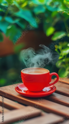 A Delightful Red Coffee Cup in a Garden Setting