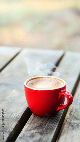 Aromatic Red Coffee Cup on Wooden Table Outdoors