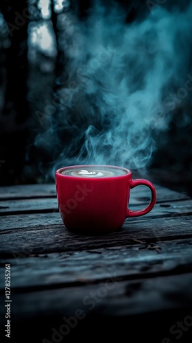 Aromatic Red Cup Coffee with Heart Design on a Rustic Wooden Table