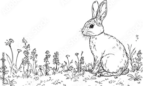 Detailed line art of a rabbit among wildflowers in a natural setting.