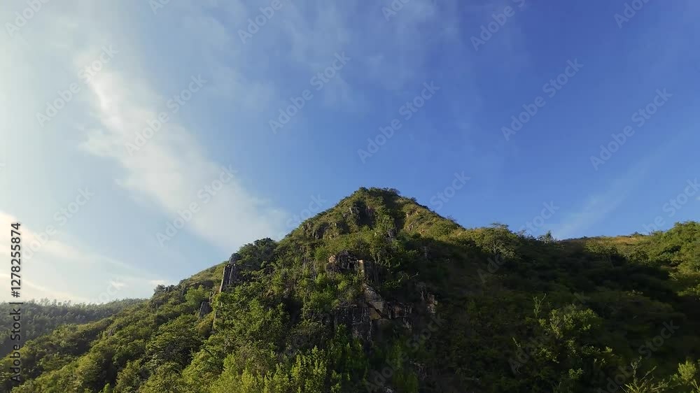 Aerial FPV drone view on mountain landscape with blue sky Aerial FPV drone view on mountain landscape with blue sky