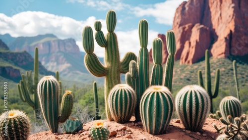 Diverse Cactus Landscape with Majestic Mountains and Space for Text in a Bright Natural Setting