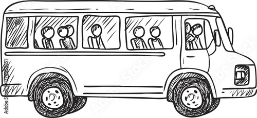 Black and white sketch of a bus with passengers inside.