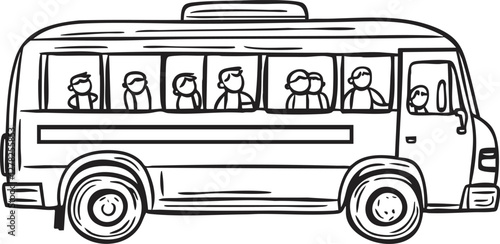 Black and white cartoon drawing of a bus with passengers.
