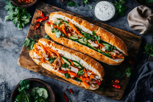 An aerial view of two freshly made banh mi sandwiches photo