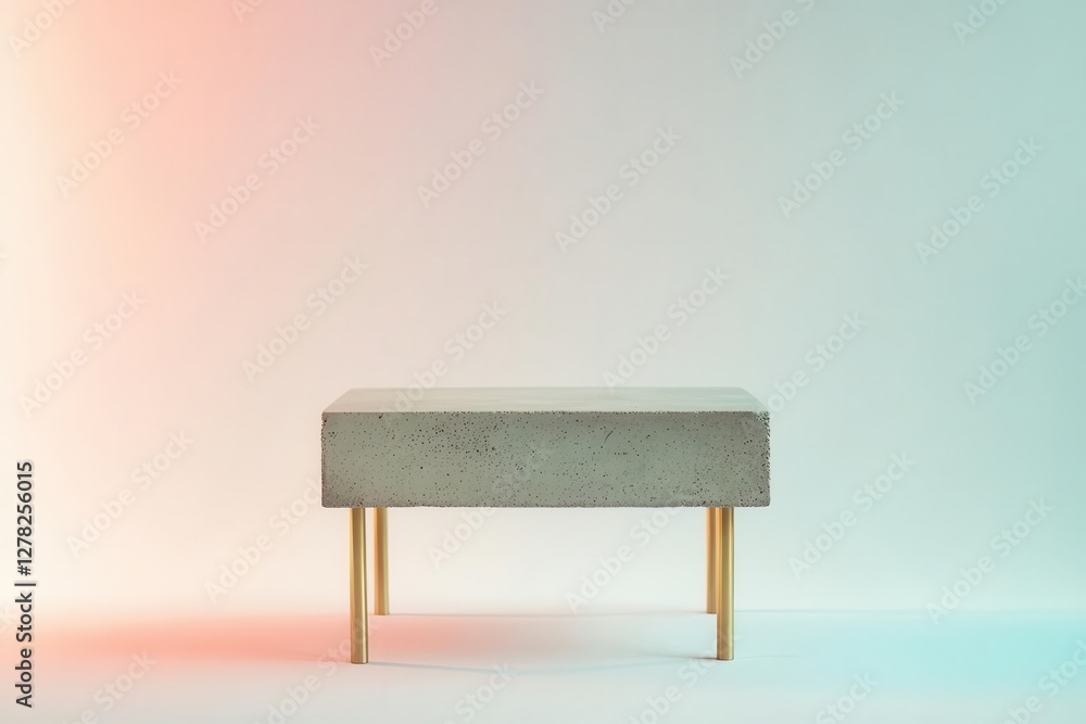 minimalist floating concrete side table with geometric brass legs set against soft gradient background minimalist floating concrete side table with geometric brass legs set against soft gradient background