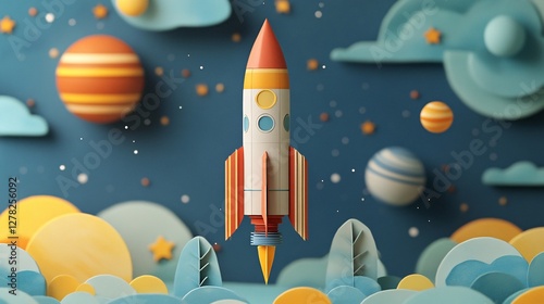 Fototapeta Naklejka Na Ścianę i Meble -  Paper art style rocket flying in space, with stars and planets in the background, capturing the excitement of space exploration.