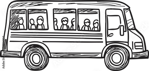 Black and white sketch of a bus with passengers and detailed features.