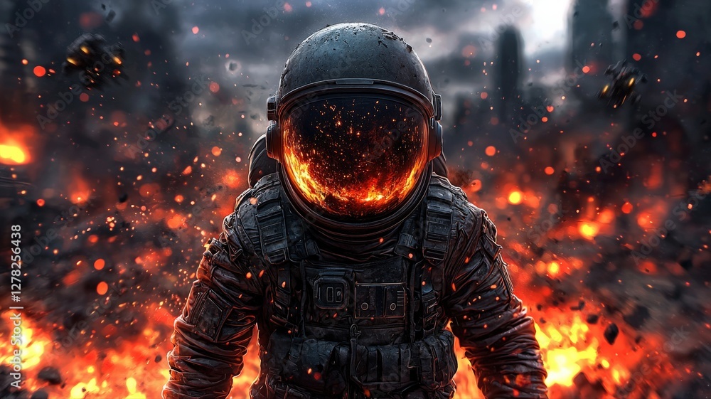 A lone astronaut on a ruined Earth, looking up as an alien fleet prepares its final strike A lone astronaut on a ruined Earth, looking up as an alien fleet prepares its final strike