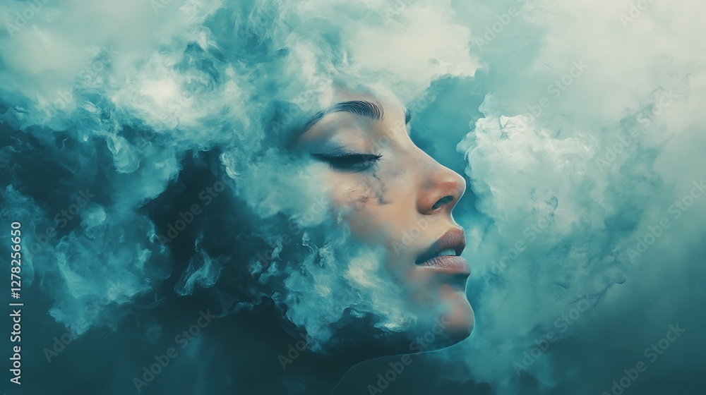 Woman's face partially obscured by ethereal blue smoke or clouds. Woman's face partially obscured by ethereal blue smoke or clouds.