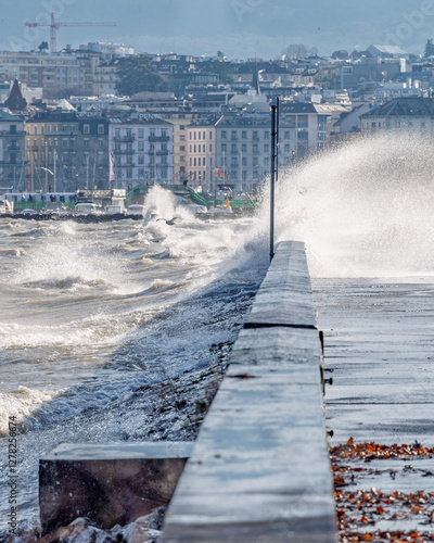 grosse bise , vagues et embruns sur les quai de Genève photo