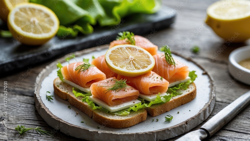 Savory salmon canape with lemon and cheese garnished with fresh lettuce on rustic wooden background. Perfect for gourmet appetizers. Savory salmon canape with lemon and cheese garnished with fresh lettuce on rustic wooden background. Perfect for gourmet appetizers.
