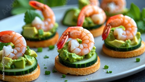 Gourmet Shrimp CanapÃ©s with Cucumber and Avocado Guacamole Elegant Party Finger Food Presentation photo