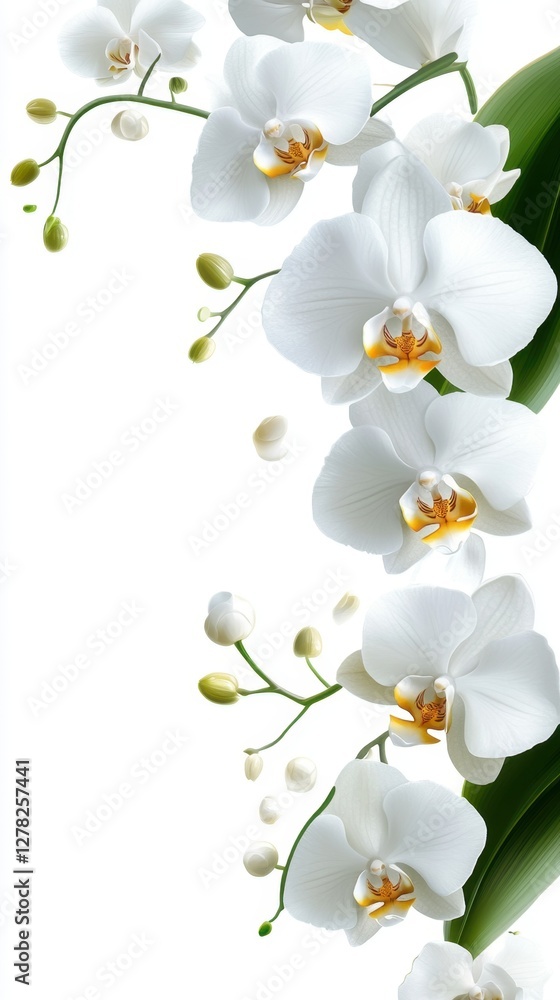 Obraz premium Elegant cascade of white orchids on a pristine background capturing the delicate beauty and graceful form of floral art for serene and refined aesthetic