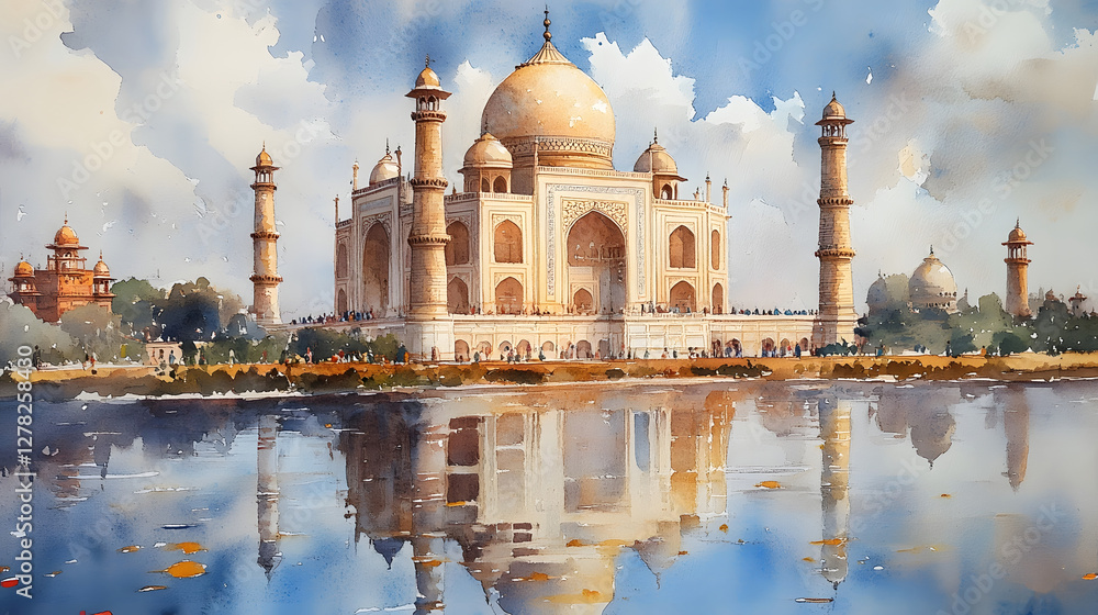Obraz premium The Taj Mahal a renowned architectural masterpiece in Agra India stands tall as a testament to the country s rich cultural heritage Its ornate marble facade with elegant domes and towering minarets