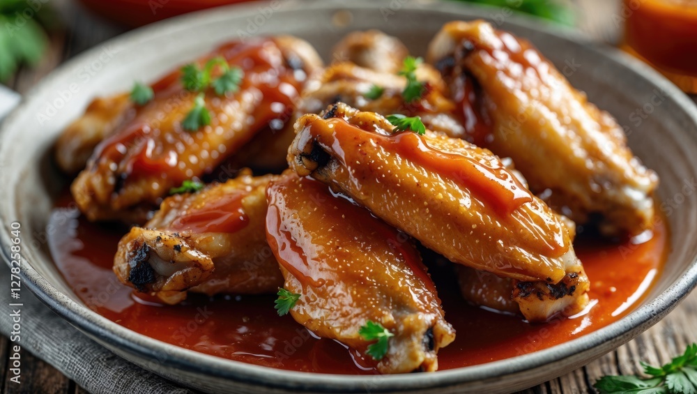 Savory Chicken Wings Glazed in Sauce on Rustic Plate Garnished with Fresh Herbs and Empty Space for Text or Branding Savory Chicken Wings Glazed in Sauce on Rustic Plate Garnished with Fresh Herbs and Empty Space for Text or Branding