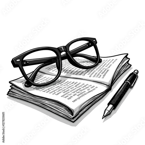 Stylish reading glasses resting on an open book, literary focus