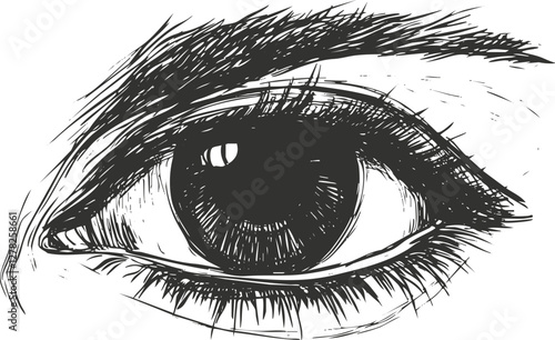 Realistic black and white sketch of a human eye with detailed features.