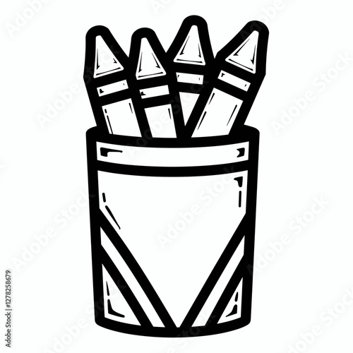Crayon box with crayons sticking out, black and white illustration