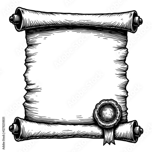 Vintage scroll with seal and faded text, historical significance