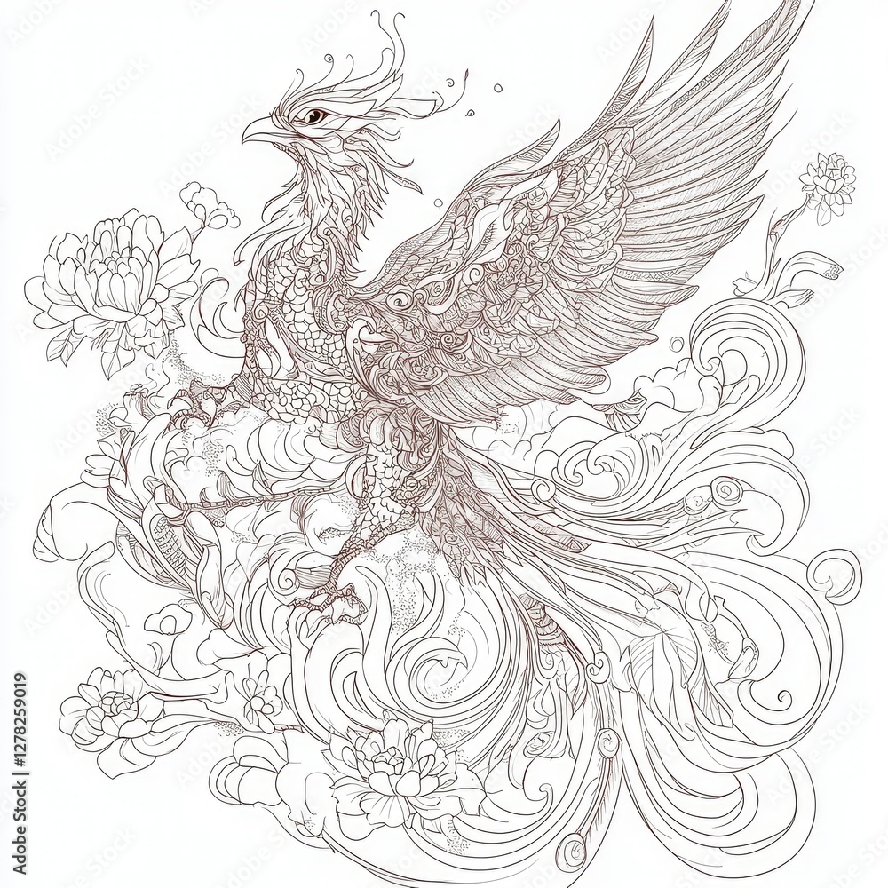 Fototapeta premium Intricate Line Art Phoenix with Floral Ornamentation