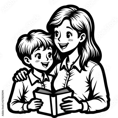 Smiling teacher interacts with student holding a book, educational joy