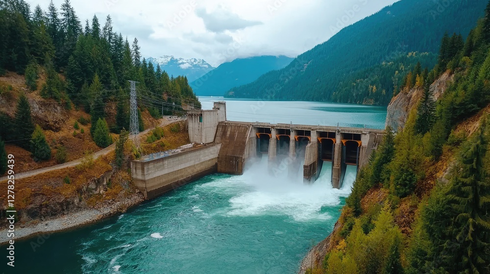 A large hydroelectric power plant with water rushing through turbines, creating electricity. A large hydroelectric power plant with water rushing through turbines, creating electricity.