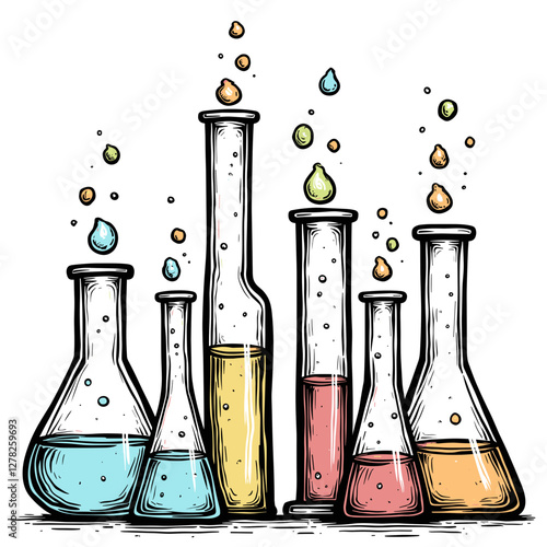 Colorful chemistry set with glass beakers and liquids, science concept
