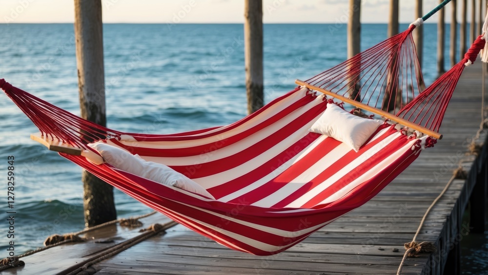 Fototapeta premium Relaxing Red and White Striped Hammock on Pier Overlooking Tranquil Sea Waves at Sunset