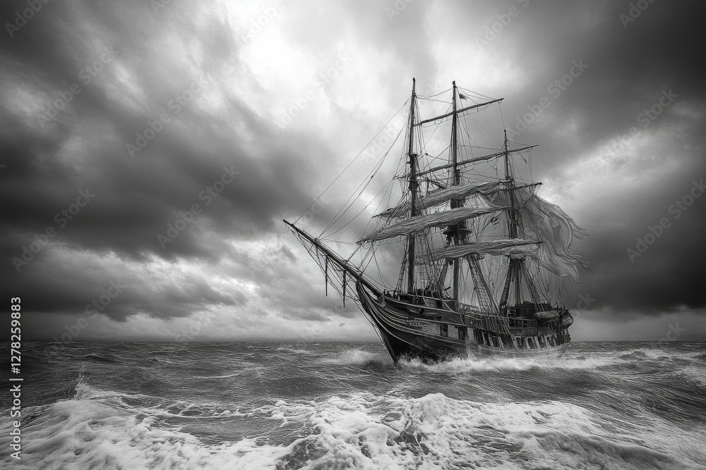 Fototapeta premium Ghost Ship Sailing through Stormy Seas: Nautical Art of a Haunted Frigate