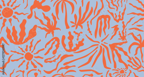 Abstract boho seamless pattern with flowers, sun, palm tree, leaves. Summer sunset texture. Wavy naive children's, art lines. Blue background, organic orang elements. Vector illustration.