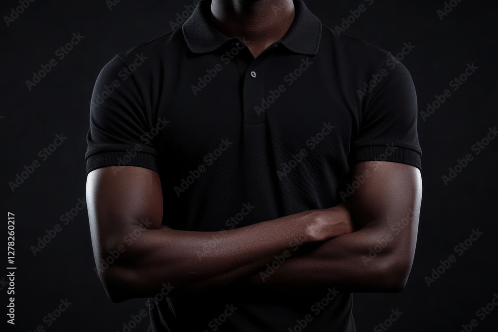Strong male figure poses confidently with crossed arms against a dark background, showcasing strength and presence Strong male figure poses confidently with crossed arms against a dark background, showcasing strength and presence
