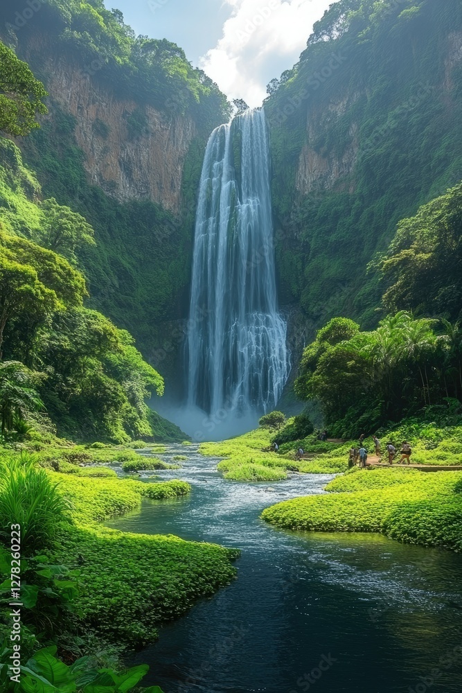 Fototapeta premium Majestic Waterfall Cascading Through Lush Green Tropical Landscape