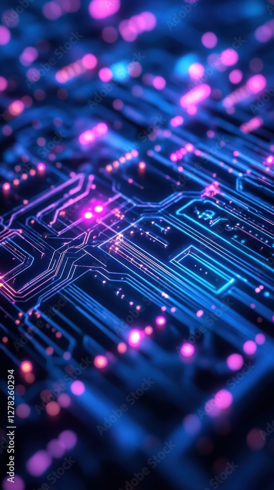 Obraz premium Abstract motherboard circuit with glowing pink and blue lights creating a futuristic technology backdrop for digital innovation and connectivity
