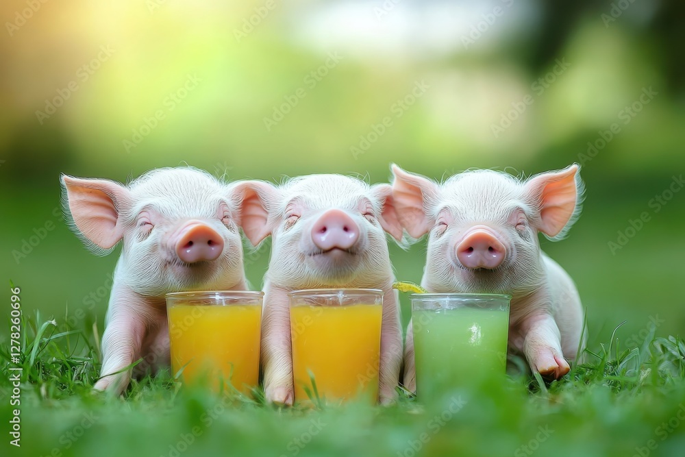 Cute piglets enjoying refreshing drinks in a sunny grassy meadow during a warm afternoon Cute piglets enjoying refreshing drinks in a sunny grassy meadow during a warm afternoon