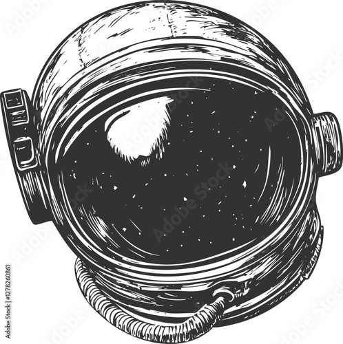 Vintage illustration of an astronaut helmet in black and white sketch style.